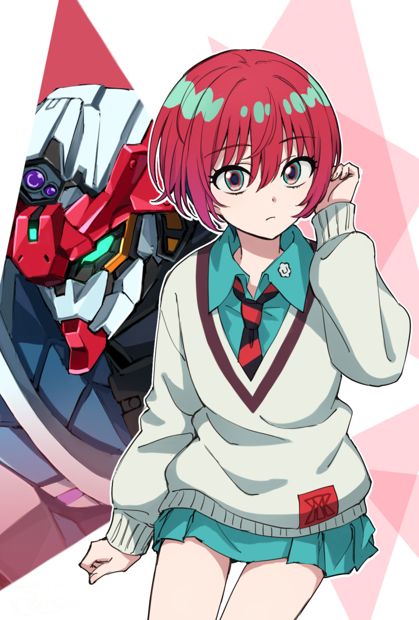 1girl amate_yuzuriha blue_eyes blue_shirt blue_skirt character_request closed_mouth collared_shirt commentary_request diagonal-striped_clothes diagonal-striped_necktie grey_sweater gundam gundam_gquuuuuux hair_between_eyes hand_up highres long_sleeves looking_at_viewer mecha necktie pleated_skirt puffy_long_sleeves puffy_sleeves red_hair robot shirt short_hair skirt somechime_(sometime1209) striped_clothes sweater white_background