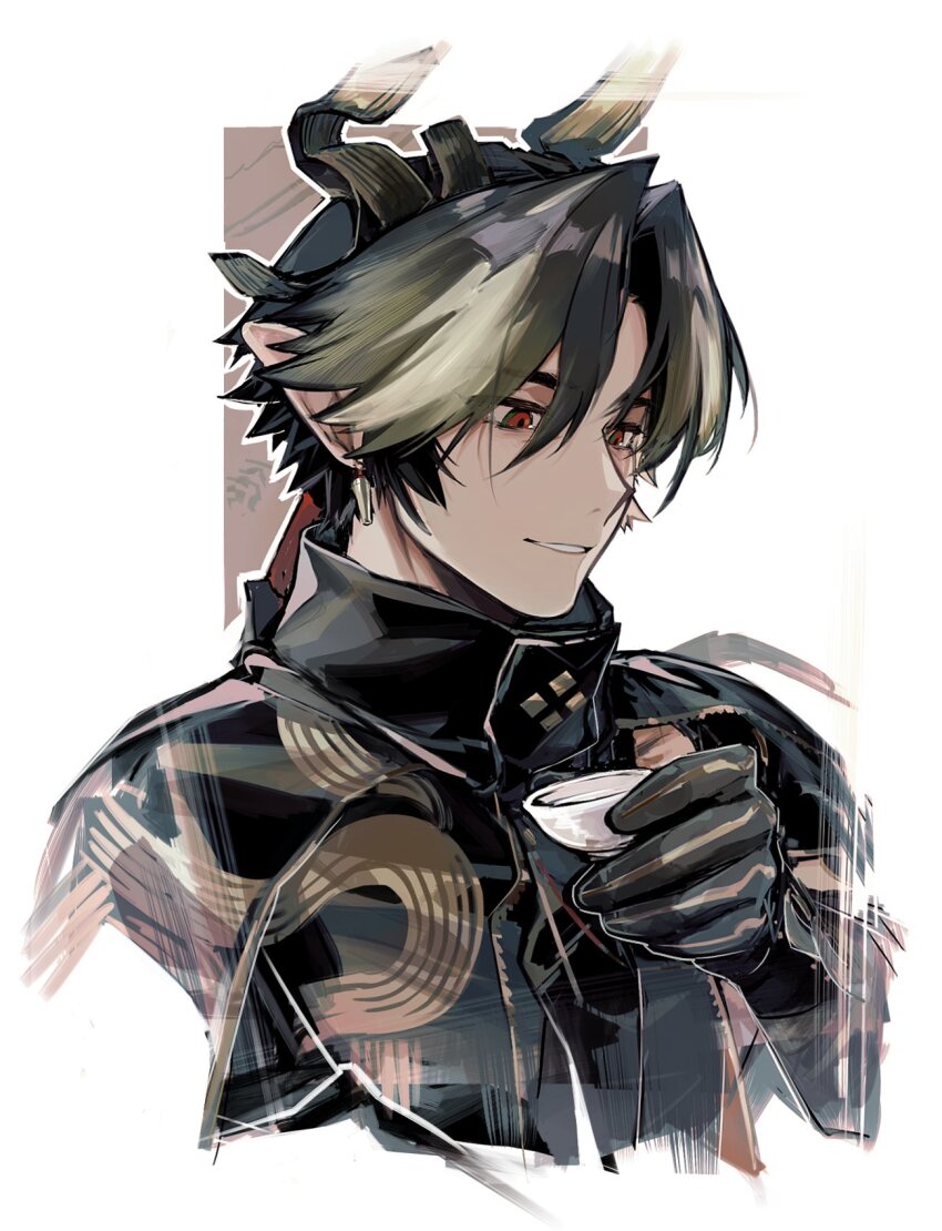 1boy arknights bags_under_eyes black_cape black_shirt black_skirt blonde_hair border brown_background brown_hair cape chongyue_(arknights) colored_skin cropped_torso cup dragon_boy dragon_horns gold_trim highres holding holding_cup horns ieiieiiei light_smile long_hair looking_down looking_to_the_side male_focus multicolored_hair outline pointy_ears red_eyes shirt simple_background skirt solo streaked_hair white_background
