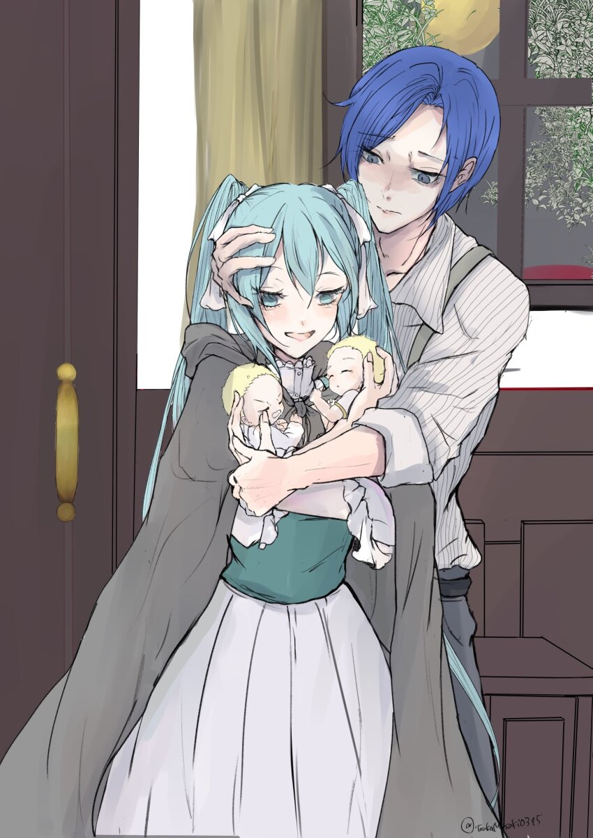 2boys 2girls adam_moonlit aqua_eyes aqua_hair baby blonde_hair blue_eyes blue_hair brown_cape brown_cloak cape carrying carrying_baby carrying_person cloak collar collarbone collared_shirt delusional door dress empty_eyes eve_moonlit evillious_nendaiki frilled_collar frilled_sleeves frills green_dress gretel_(evillious_nendaiki) grey_pants hansel_(evillious_nendaiki) hatsune_miku highres hood hooded_cape hooded_cloak husband_and_wife indoors long_hair miku_day moonlit_bear_(vocaloid) multiple_boys multiple_girls open_clothes open_shirt pants shirt smile striped_clothes striped_shirt suspenders toukamisaki0315 twintails vertical-striped_clothes vertical-striped_shirt very_long_hair vocaloid white_dress white_shirt window worried yellow_curtain