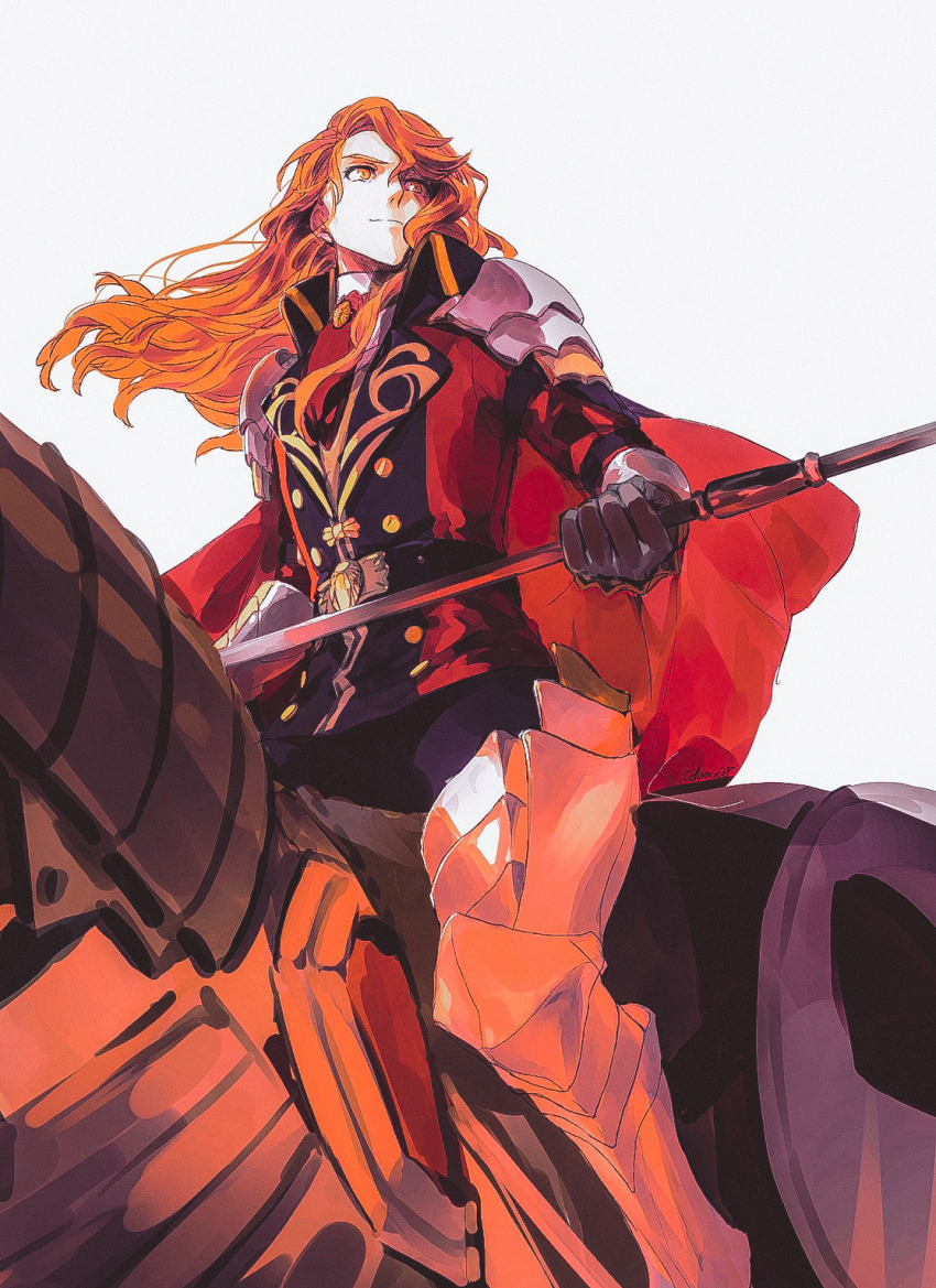 1boy armor armored_animal armored_legwear belt belt_buckle black_belt black_gloves buckle buttons closed_mouth coat collared_coat domu_(hamadura) ferdinand_von_aegir ferdinand_von_aegir_(timeskip) fire_emblem fire_emblem:_three_houses floating_hair gloves highres holding holding_polearm holding_weapon horse horseback_riding long_hair looking_to_the_side male_focus multicolored_coat nintendo orange_eyes orange_hair pauldrons polearm popped_collar riding shoulder_armor simple_background smile solo weapon white_background
