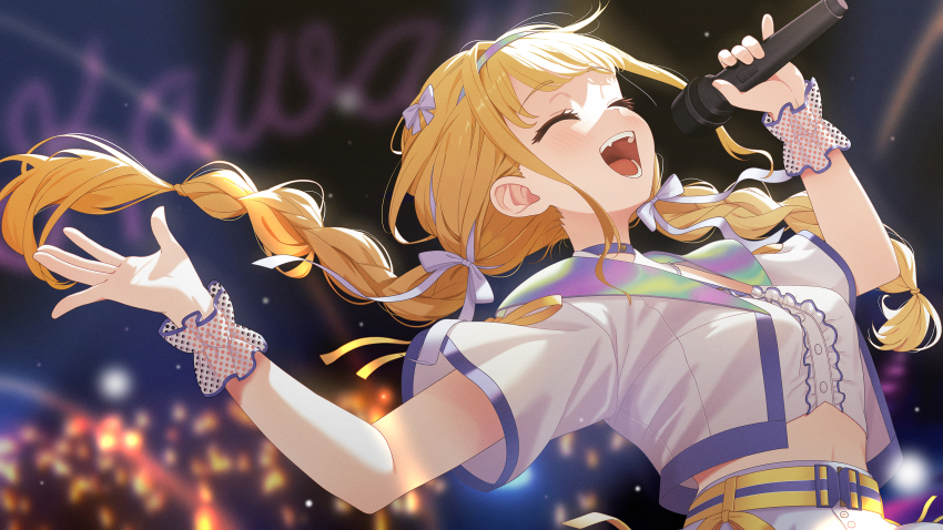 1girl ^_^ blonde_hair blush braid center_frills closed_eyes commentary_request crop_top cropped_jacket dinyc frilled_wristband frills fujita_kotone gakuen_idolmaster highres holding holding_microphone idolmaster microphone music neck_ribbon ribbon sekaiichi_kawaii_watashi_(idolmaster) short_sleeves singing smile solo twin_braids upper_body white_ribbon
