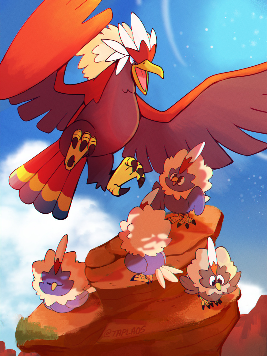 absurdres alternate_color animal_focus artist_name bird blue_sky braviary brown_eyes chromatic_aberration claws closed_eyes closed_mouth cloud colored_lineart commentary day eagle english_commentary evolutionary_line flying full_body gen_5_pokemon highres landing lens_flare light_particles looking_at_another looking_down lying moss nintendo no_humans open_mouth outdoors pokemon pokemon_(creature) rock rufflet shiny_and_normal shiny_pokemon sky spread_wings standing sunlight taplaos tongue u_u