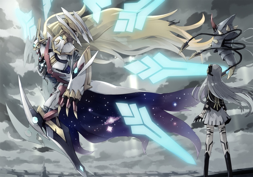 1girl armor chrysalimon claws digimon fusion gracenovamon highres looking_at_another skirt star_(sky)