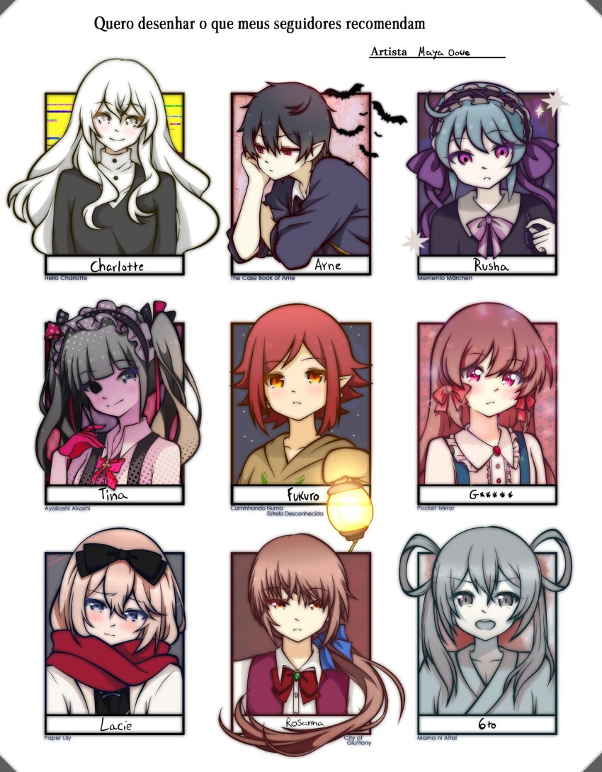 2boys 6+girls absurdres arne_neuntote arne_no_jikenbo ayakashi_akashi black_hair blonde_hair blue_eyes blue_hair boushoku_no_machi bow brooch brown_eyes brown_hair bug charlotte_wiltshire colored_skin followers_favorite_challenge fukuro_(woasu) glitch gloves goldia_die_heilige grey_eyes grey_hair headband hello_charlotte highres jewelry lacie_(paper_lily) lantern long_hair looking_at_viewer low_ponytail mama_ni_aitai maya_ooue memento_marchen multiple_boys multiple_drawing_challenge multiple_girls open_mouth orange_eyes paper_lily pink_eyes pink_gloves pocket_mirror pointy_ears ponytail purple_eyes red_eyes red_hair red_scarf ribbon rokubanme rosanna_alreid rusha_(memento_marchen) scarf short_hair teeth tina_etupirka twintails upper_teeth_only walking_on_a_star_unknown white_eyes white_hair white_skin