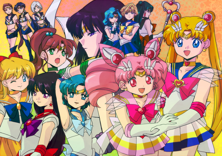 1990s_(style) 6+girls aino_minako aqua_hair bad_id bad_pixiv_id bishoujo_senshi_sailor_moon bishoujo_senshi_sailor_moon_s bishoujo_senshi_sailor_moon_sailor_stars bishoujo_senshi_sailor_moon_stars black_hair black_neckwear blonde_hair blue_bow blue_eyes blue_hair blue_sailor_collar bow brooch brown_hair calm_okome chibi_usa choker cone_hair_bun crossed_arms double_bun earrings elbow_gloves garnet_rod gloves green_eyes green_hair grey_hair hair_bow hair_bun hair_ornament hairpin heart heart_brooch high_ponytail hino_rei holding_hands jewelry kaiou_michiru kino_makoto long_hair magical_girl meiou_setsuna mizuno_ami multicolored_background multicolored_skirt multiple_girls one_eye_closed pink_hair pleated_skirt ponytail purple_bow purple_eyes red_bow red_eyes retro_artstyle ribbon sailor_chibi_moon sailor_collar sailor_jupiter sailor_mars sailor_mercury sailor_moon sailor_neptune sailor_pluto sailor_saturn sailor_senshi sailor_star_fighter sailor_star_healer sailor_star_maker sailor_uranus sailor_venus seiya_kou short_hair silence_glaive skirt smile staff super_sailor_chibi_moon super_sailor_moon taiki_kou ten&#039;ou_haruka tiara tomoe_hotaru tsukino_usagi twintails white_gloves yaten_kou yellow_bow