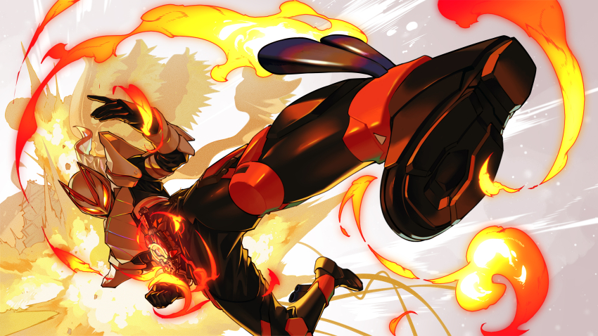 1boy absurdres armor black_bodysuit bodysuit boost_buckle desire_driver rider_belt exhaust_pipe explosion finishing_move fire foreshortening fox_mask gloves glowing glowing_eyes highres kamen_rider kamen_rider_geats kamen_rider_geats_(series) magnum_boost magnum_buckle male_focus mask neng8835738 orange_armor rider_belt rider_kick scarf solo tokusatsu white_armor yellow_eyes
