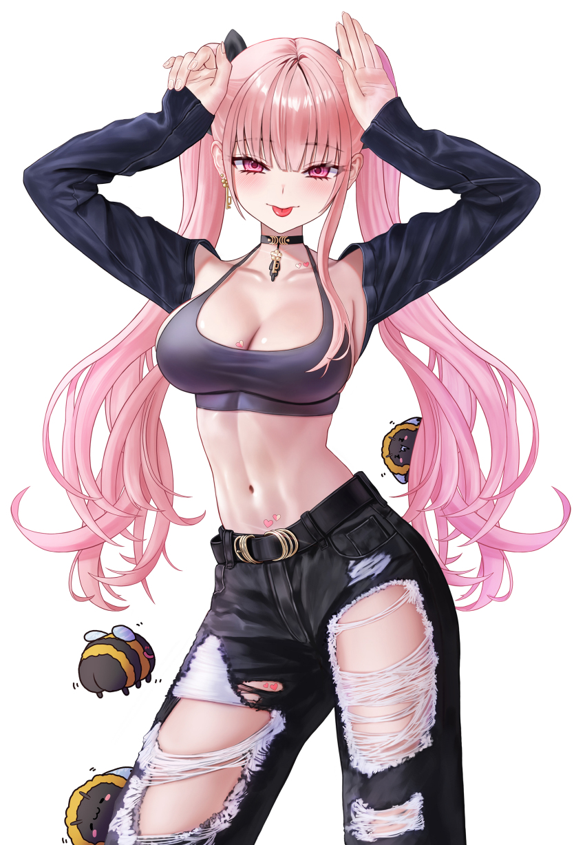1girl abs absurdres belt blunt_bangs breasts cleavage collarbone denim detached_sleeves eruthu halterneck highres honey_churros indie_virtual_youtuber jeans large_breasts long_eyelashes looking_at_viewer pants pink_eyes pink_hair solo tongue tongue_out torn_clothes torn_jeans torn_pants twintails