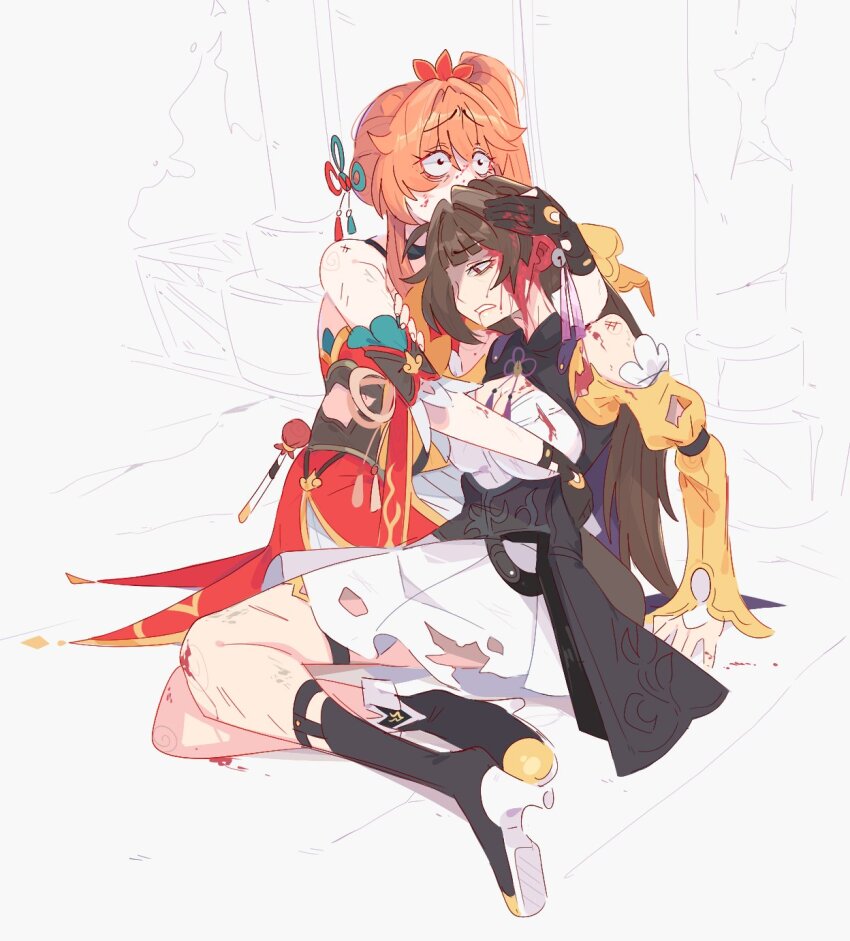 2girls black_gloves black_shoes blood blood_from_mouth blood_on_face brown_hair clothing_cutout death detached_sleeves dress fine_art_parody gloves guinaifen_(honkai:_star_rail) hair_ornament hand_on_another&#039;s_head highres honkai:_star_rail honkai_(series) hug ivan_the_terrible_and_his_son_ivan long_hair long_sleeves multiple_girls orange_hair parody red_dress shoes short_sleeves shoulder_cutout side_ponytail sushang_(honkai:_star_rail) unfamousradish white_dress wide-eyed yellow_sleeves