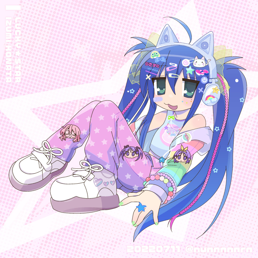 :3 absurdres ahoge alternate_hairstyle animal_ear_headphones animal_ears bandaid bandaid_on_face bracelet cat_ear_headphones character_hair_ornament character_name copyright_name fake_animal_ears food-themed_hair_ornament green_eyes green_nails hair_between_eyes hair_ornament hairclip headphones highres hiiragi_kagami hiiragi_tsukasa izumi_konata jewelry keroro keroro_gunsou looking_at_viewer lucky_star multiple_bracelets nyamou open_mouth pants rnornopoo shoes sitting sushi_hair_ornament takara_miyuki twintails white_shoes