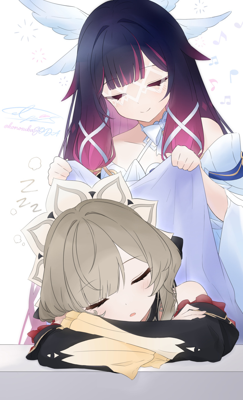 2girls absurdres arm_rest bare_shoulders black_hair blanket brown_hair closed_eyes closed_mouth columbina_(genshin_impact) commentary_request crossed_arms dress eye_mask genshin_impact gradient_hair head_rest head_wings highres holding holding_blanket implied_yuri karu_(calpis8222) long_hair mask mixed-language_commentary multicolored_hair multiple_girls musical_note open_mouth partial_commentary pink_hair sandrone_(genshin_impact) short_hair_with_long_locks signature simple_background sitting sleeping smile standing twitter_username white_background white_dress white_headdress white_mask wings zzz