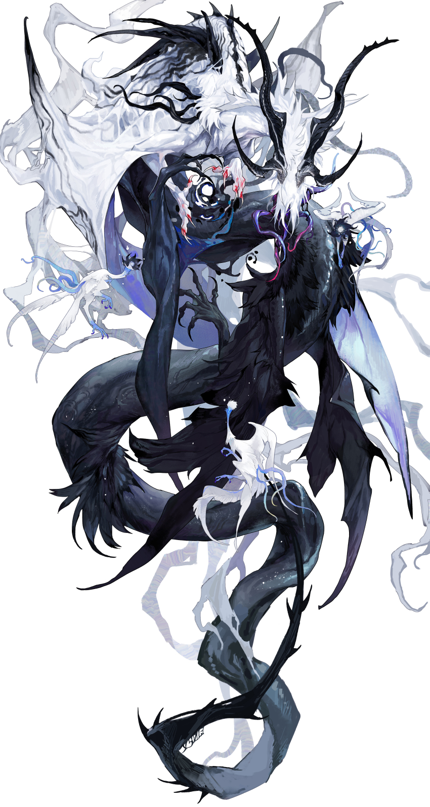 absurdres beak black_fur black_horns black_scales creature deepsea9013 eldritch_abomination extra_arms feathers full_body highres horns long_tail monster monster_focus multiple_horns no_humans original simple_background spines tail talons tendril tentacles white_background white_feathers white_fur white_wings wings