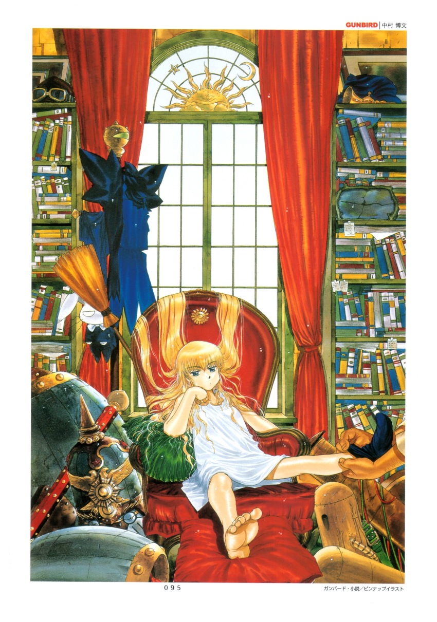 1girl armchair ash_(gunbird) aviator_cap barefoot blonde_hair blue_eyes book bookshelf broom cape chair curtains dress dressing feet female_focus flight_cap aviator_goggles goggles gunbird hand_on_own_cheek hand_on_own_face highres jacket marion messy_hair nakamura_hirofumi nightgown no_shoes official_art pillow pom_pom_(cheerleading) pomupomu psikyo rabbit red_upholstery shelf single_sock sock_pull socks soles solo staff tetsu_(gunbird) toes traditional_media tuxedo valnus window witch yuan_nang