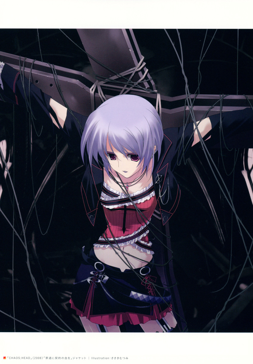 1girl absurdres aiguillette arms_up barbed_wire belt belted_skirt black_jacket black_thighhighs bound breasts celtic_cross chaos;head clenched_teeth collarbone corset cropped_jacket cross cross-laced_clothes cross-laced_skirt crucifixion detached_sleeves dotted_line earclip earrings empty_eyes eyeshadow frilled_corset frilled_skirt frilled_sleeves frilled_thighhighs frills furrowed_brow garter_belt goth_fashion gothic_lolita groin hair_between_eyes hanging highres inverted_cross jacket jewelry kishimoto_ayase lipstick lolita_fashion makeup midriff navel necklace official_art pendant purple_eyes purple_hair purple_lips red_corset red_trim sasaki_mutsumi short_hair skirt small_breasts solo steel_beam teeth thighhighs thorns tied_up_(nonsexual)