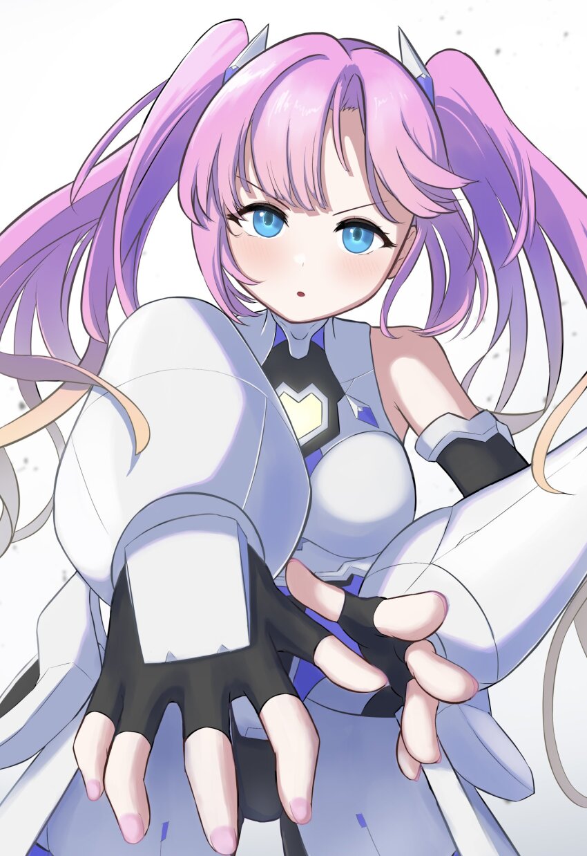 1girl absurdres anyoji_hime armor bare_shoulders black_bodystocking black_gloves blue_eyes blunt_bangs bodystocking breasts commentary cowboy_shot elbow_gloves fanfare!!!_(love_live!) fingerless_gloves gloves headpiece highres link!_like!_love_live! looking_at_viewer love_live! medium_breasts official_alternate_costume parted_lips simadaburyu simple_background sleeveless_bodystocking solo twintails v-shaped_eyebrows virtual_youtuber white_background