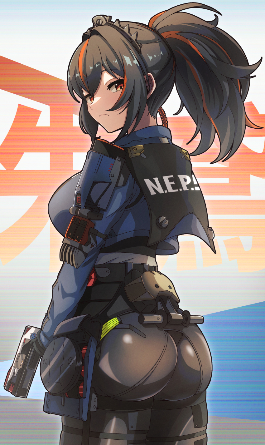 1girl absurdres ass black_hair black_pants blue_jacket breasts commentary_request cowboy_shot cropped_jacket from_behind gun handgun handlebar high-waist_pants highres holding holding_gun holding_weapon jacket kaiju_ryoku large_breasts long_hair looking_at_viewer looking_back metal_hairband multicolored_hair pants police police_uniform policewoman ponytail red_eyes red_hair solo streaked_hair tight_clothes tight_pants weapon zenless_zone_zero zhu_yuan