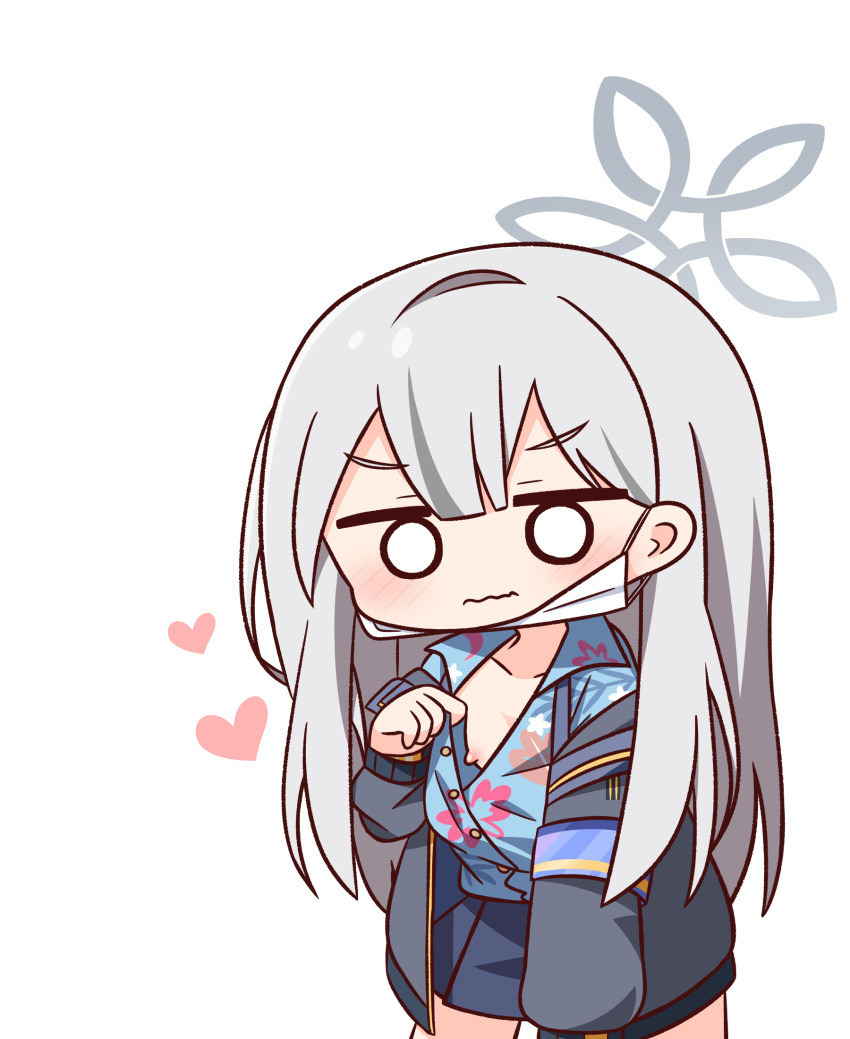 1girl blue_archive blue_shirt blue_skirt blush chibi closed_mouth collarbone collared_shirt dress_shirt grey_hair grey_jacket hair_between_eyes halo hana_kazari hand_up hawaiian_shirt heart highres jacket konoka_(blue_archive) long_sleeves looking_at_viewer mask mask_pull mouth_mask nipples o_o open_clothes open_jacket pleated_skirt puffy_long_sleeves puffy_sleeves shirt simple_background skirt solo standing surgical_mask wavy_mouth white_background