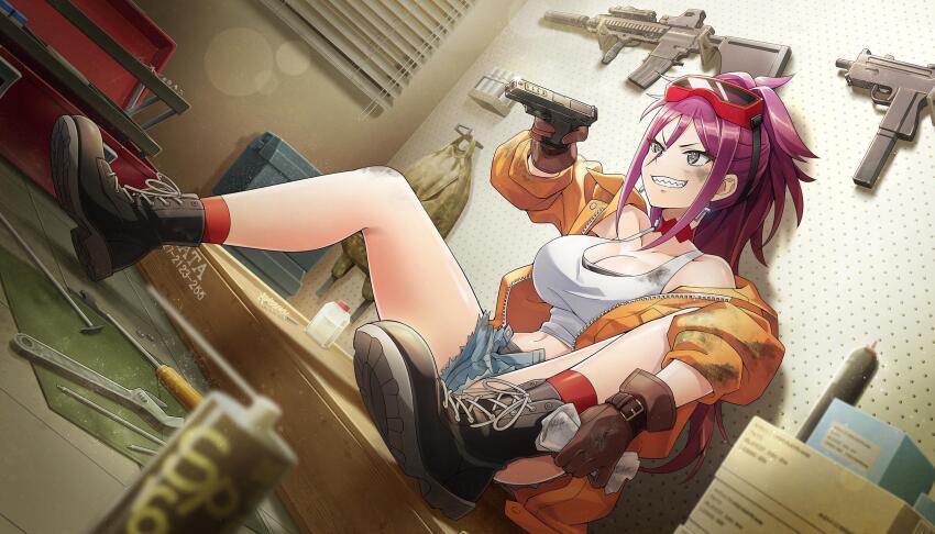 1girl assault_rifle black_shoes breasts brown_gloves cleavage collarbone denim denim_shorts dolphin_wave game_cg gloves goggles goggles_on_head grey_eyes gun h&amp;k_hk416 hair_between_eyes handgun highres holding holding_gun holding_weapon jacket kurenashi_yuuri large_breasts mac-10/11 machine_gun midriff navel non-web_source official_art ootomo_takuji open_clothes open_jacket orange_jacket parted_bangs ponytail purple_hair red_socks rifle sharp_teeth shirt shoes shorts sidelocks sitting socks solo submachine_gun teeth trigger_discipline weapon white_shirt wrench