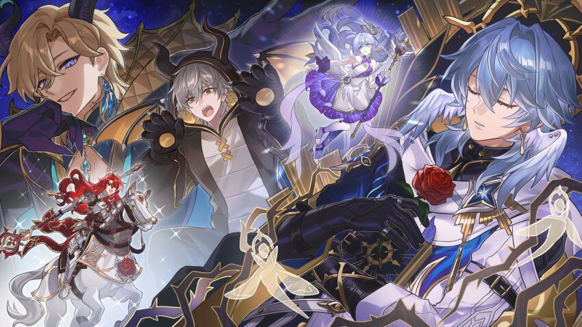 1girl 4boys absurdres alternate_costume animal animal_costume animal_ears argenti_(honkai:_star_rail) armor astral_express_(honkai:_star_rail) aventurine_(honkai:_star_rail) bare_shoulders black_gloves blonde_hair blue_eyes blue_gemstone blue_jacket brother_and_sister caelus_(honkai:_star_rail) choker cioccolatodorima closed_eyes clothing_cutout commentary demon_horns detached_sleeves dragon_costume dragon_wings dress earrings english_commentary fake_horns fake_wings feathered_wings floating_hair flower flying full_body gem gloves gold_earrings green_eyes grey_hair hair_between_eyes halo halo_behind_head hand_up hands_up highres holding holding_flower holding_staff holding_weapon honkai:_star_rail honkai_(series) hood horns horse horse_ears horse_tail horseback_riding jacket jewel_under_eye jewelry knight lapels leaf long_hair long_sleeves looking_at_another multicolored_eyes multicolored_jacket multiple_boys musical_note_ornament open_clothes open_jacket open_mouth purple_choker purple_dress purple_eyes purple_gloves purple_hair purple_jacket red_flower red_hair red_rose riding robin_(honkai:_star_rail) rose shoes short_hair short_sleeves siblings sidelocks single_earring single_glove sleeveless sleeveless_dress sparkle staff star_(symbol) sunday_(honkai:_star_rail) tail teeth thorns trailblazer_(honkai:_star_rail) train two-tone_dress two-tone_jacket upper_body wavy_hair weapon white_armor white_dress white_gloves white_jacket white_shoes wings yellow_eyes