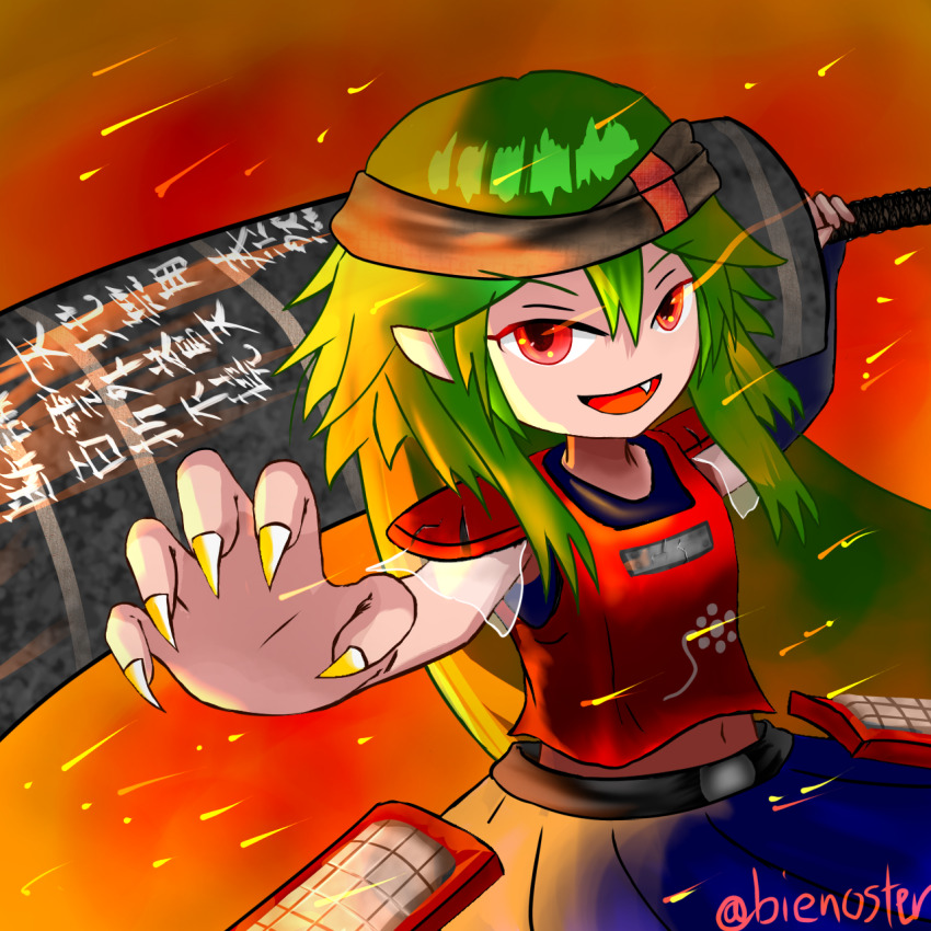 1other androgynous bienoster black_undershirt blue_skirt brown_headband club_(weapon) commentary detached_sleeves fang fingernails green_hair headband highres len&#039;en long_fingernails looking_at_viewer midriff open_mouth red_background red_eyes red_shirt shirt signature skirt smile solo taira_no_fumikado text_on_weapon translation_request twitter_username weapon