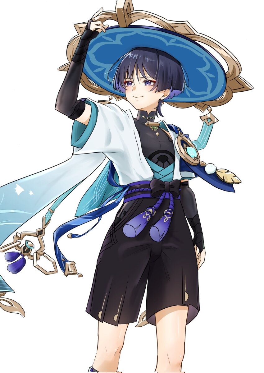 1boy anemo_symbol_(genshin_impact) animal_print arm_at_side arm_up armor belt bird_print black_belt black_bodysuit black_bow black_bridal_gauntlets black_hair black_shorts blue_cape blue_gemstone blue_hat blue_kimono blue_sleeves blunt_ends bodysuit bow bridal_gauntlets bright_pupils cape choppy_bangs closed_mouth colored_inner_hair cowboy_shot eyeliner eyeshadow feathers furisode gem genshin_impact glint gold gold_ring hakama hakama_shorts hat highres hip_vent japanese_armor japanese_clothes jingasa juban kimono kote kurokote layered_sleeves looking_to_the_side makeup male_focus mandarin_collar middle_ring multicolored_hair open_clothes open_kimono pleated_shorts pom_pom_(clothes) purinigax purple_eyes purple_hair purple_rope purple_sash red_eyeliner red_eyeshadow rope sash scaramouche_(genshin_impact) short_sleeves shorts shoulder_peek smile solo tassel vision_(genshin_impact) wanderer_(genshin_impact) white_background white_kimono white_pupils white_sleeves yellow_feathers