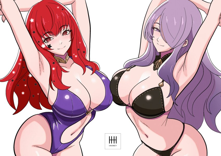 2girls arm_up bikini black_bikini breasts camilla_(fire_emblem) cleavage clothing_cutout fire_emblem fire_emblem_engage fire_emblem_fates hair_over_one_eye halterneck highres ihsnet large_breasts long_hair multiple_girls navel navel_cutout nintendo purple_bikini purple_hair red_hair smile swimsuit thick_thighs thighs yunaka_(fire_emblem)