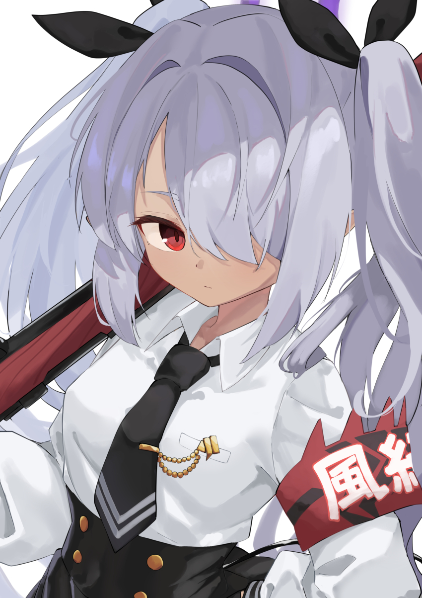 1girl absurdres armband black_necktie black_ribbon black_skirt blue_archive buttons closed_mouth collared_shirt commentary dark-skinned_female dark_skin demon_girl demon_tail double-breasted grey_hair hair_intakes hair_over_one_eye hair_ribbon high-waist_skirt highres iori_(blue_archive) long_bangs long_sleeves looking_at_viewer necktie one_eye_covered osmium-76 puffy_long_sleeves puffy_sleeves red_armband red_eyes ribbon school_uniform shirt sidelocks simple_background skirt solo tail upper_body white_background white_shirt