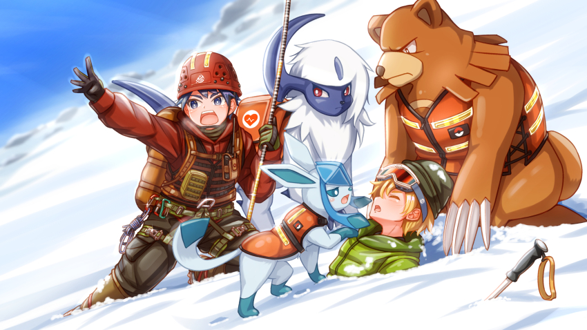 2boys absol backpack bag black_hair blonde_hair boots breath bright_pupils brown_bag clothed_pokemon commentary_request day gen_2_pokemon gen_3_pokemon gen_4_pokemon glaceon gloves goggles goggles_on_head helmet highres holding jacket male_focus multiple_boys nintendo open_mouth outdoors pants partially_buried poke_ball_print pokemon pokemon_(creature) short_hair snow suzushiro_(gripen39) teeth tongue upper_teeth_only ursaring
