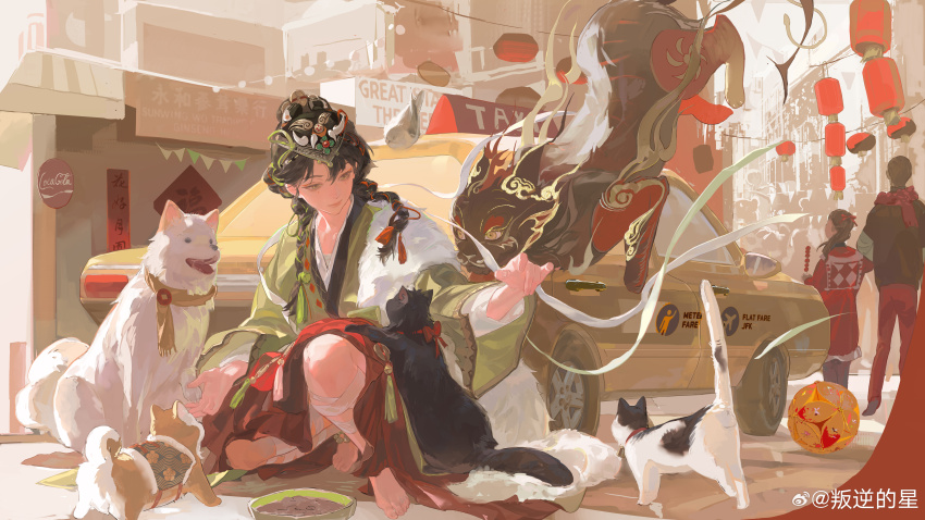 1girl absurdres ankle_bell antithetical_couplet bandaged_leg bandages barefoot black_cat black_hair bowl braid cape car cat chinese_clothes cityscape coca-cola day dog doufang full_body fur_cape good_fortune_symbol green_hanfu hanfu highres lantern leg_wrap liang_yue_(reverse:1999) long_hair looking_at_animal low_twin_braids mask mask_on_head monster motor_vehicle outdoors panni_xing paper_lantern people pet_bowl qiangliang_(reverse:1999) reverse:1999 road sign smile solo_focus squatting street taxi twin_braids watermark weibo_watermark welsh_corgi white_cape yellow_eyes