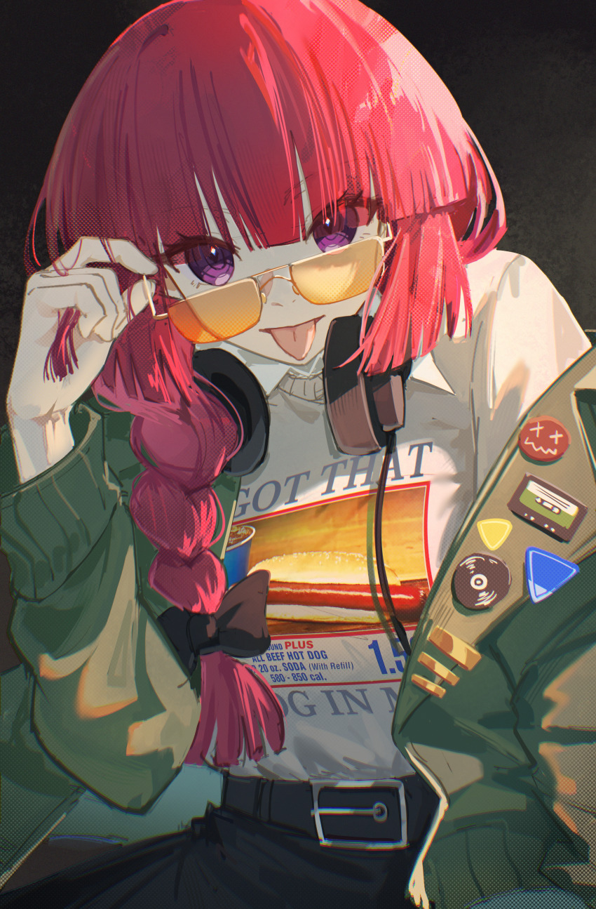 1girl absurdres adjusting_eyewear alternate_costume belt black_belt bocchi_the_rock! braid eyes_visible_through_hair green_jacket hair_over_shoulder headphones highres hiroi_kikuri jacket jl_tan looking_at_viewer looking_over_eyewear off_shoulder open_clothes open_jacket orange-tinted_eyewear pin purple_eyes purple_hair semi-rimless_eyewear shirt single_braid solo sunglasses tinted_eyewear tongue tongue_out tsurime white_shirt