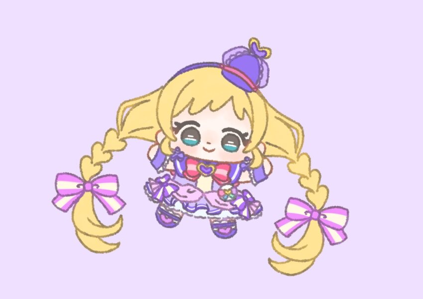 1girl absurdly_long_hair aqua_eyes blonde_hair bow bow_earrings bowtie braid brooch capelet chibi closed_mouth cure_friendy deerstalker dot_nose dress dress_bow earrings eyelashes frilled_dress frilled_headwear frilled_wrist_cuffs frills hair_bow hairband happy hat hat_ornament heart heart_brooch heart_hat_ornament ichigo_usuhana inukai_iroha jewelry lace-trimmed_socks light_blush long_hair looking_at_viewer low_twin_braids magical_girl medium_dress mini_hat miniskirt outstretched_arms pink_bow pink_bowtie precure purple_background purple_bow purple_brooch purple_capelet purple_dress purple_hairband purple_hat purple_shoes purple_wrist_cuffs shoes simple_background single_stripe skirt skirt_under_dress smile socks solo striped_bow striped_bowtie striped_clothes tareme twin_braids very_long_hair white_skirt white_socks wonderful_precure! wrist_cuffs