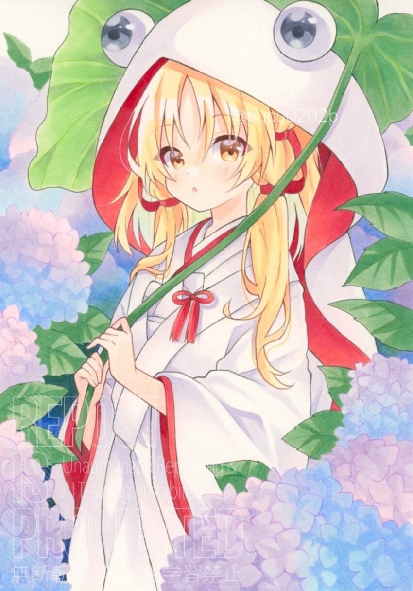 1girl alternate_costume blonde_hair blue_flower blush commentary flower flower_request hair_ribbon hashtag-only_commentary highres holding holding_leaf hood hood_up japanese_clothes kimono leaf long_sleeves looking_at_viewer moriya_suwako open_mouth purple_flower red_ribbon ribbon shiromuku solo touhou uchikake watermark white_kimono wide_sleeves yellow_eyes yuiki_(cube)