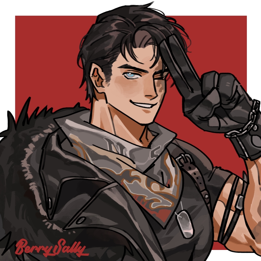 1boy arm_out_of_sleeve artist_name berrysally black_gloves black_hair black_jacket black_shirt border burn_scar gloves grey_neckerchief grin hand_up highres j_(reverse:1999) jacket looking_at_viewer male_focus muscular muscular_male neckerchief one_eye_closed outside_border red_background reverse:1999 salute scar scar_on_face shirt short_hair short_sleeves smile solo two-finger_salute upper_body white_border