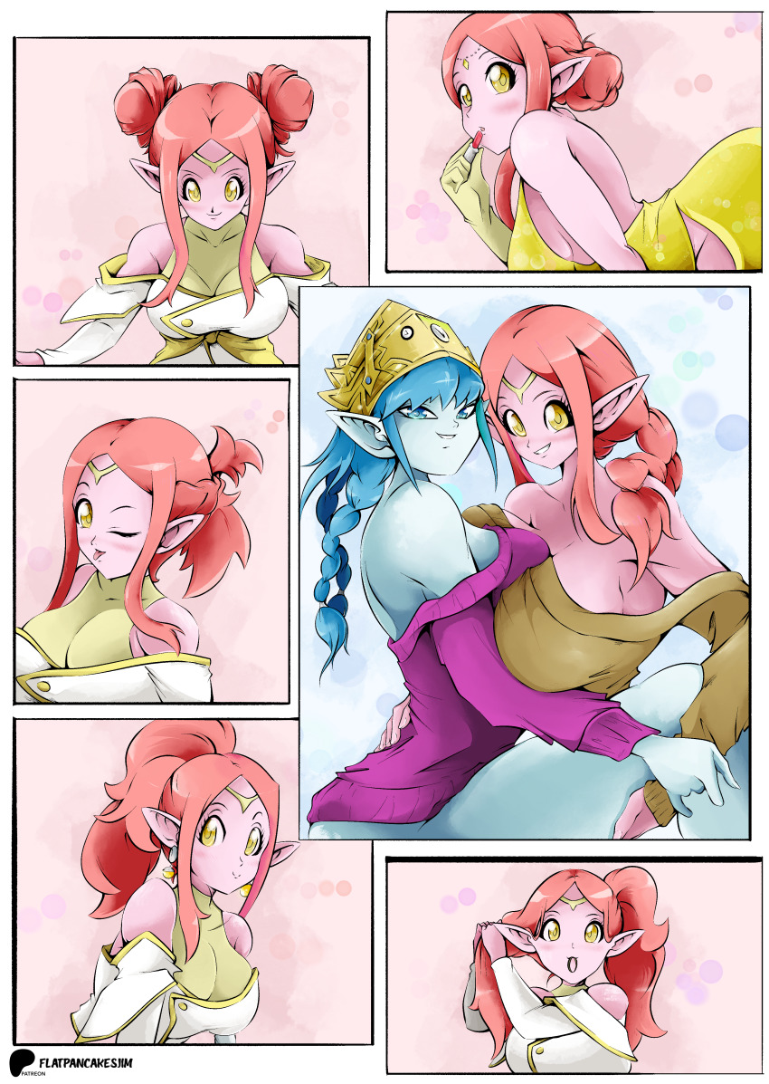 2girls aeos aeos_(dragon_ball) alternate_costume alternate_hairstyle blue_hair blue_skin braid braided_ponytail breasts breasts_squeezed_together chronoa cleavage colored_skin dragon_ball dragon_ball_heroes flatpancakesjim highres holding_hands large_breasts lifting_person long_hair multiple_girls multiple_views orange_hair pink_skin pointy_ears pressing_breast_on_partner super_dragon_ball_heroes supreme_kai_of_time sweater thick_thighs thighs