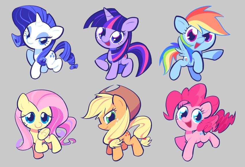 absurdres animal animal_focus applejack blonde_hair blue_eyes brown_hat chibi chibi_only commentary cowboy_shot curly_hair cutie_mark english_commentary feathered_wings fluttershy flying freckles fukurinn full_body green_eyes grey_background hat highres hooves horse long_hair looking_at_viewer mane_six_(my_little_pony) multicolored_hair my_little_pony my_little_pony:_friendship_is_magic no_humans open_mouth pink_hair pinkie_pie pony_(animal) purple_eyes purple_hair rainbow_dash rainbow_hair rarity_(my_little_pony) simple_background smile star_(symbol) streaked_hair tail twilight_sparkle unicorn wings