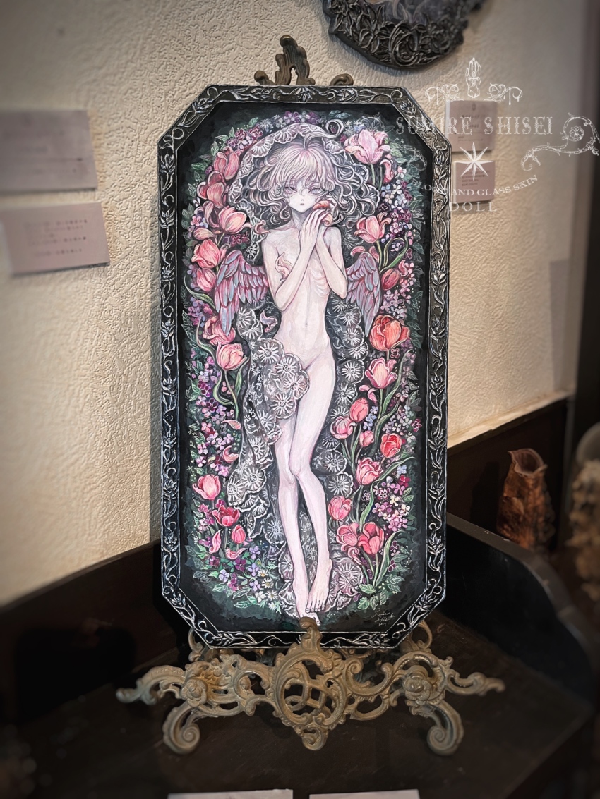 1girl absurdres acrylic_paint_(medium) angel_wings barefoot blonde_hair commentary_request completely_nude expressionless feathered_wings flat_chest flower full_body grey_eyes highres looking_at_viewer medium_hair navel nude original painting_(medium) pale_skin photo_(medium) plant ribs rose solo sumire_shisei traditional_media tulip veil vines wavy_hair wings