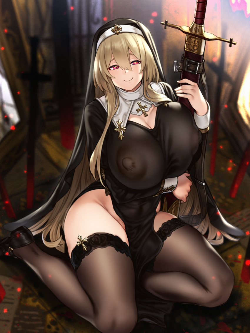 1girl black_shoes black_thighhighs blonde_hair breasts brown_thighhighs cleavage covered_erect_nipples cross cross-shaped_pupils cross_moline cross_patonce cross_potent female_focus hair_between_eyes highres houtengeki huge_breasts lace lace-trimmed_legwear lace_trim large_areolae long_hair looking_at_viewer mary_janes no_bra nun original pelvic_curtain pink_eyes scabbard see-through_clothes sheath shoes sitting smile solo sword symbol-shaped_pupils thighhighs veil very_long_hair weapon