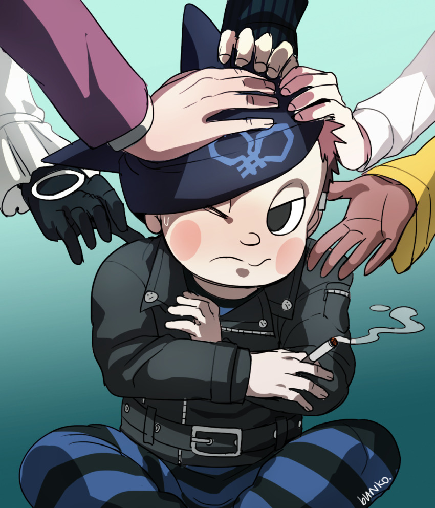 3boys 3girls akamatsu_kaede animal_ear_headwear animal_ears artist_name beanie belt belt_buckle black_belt black_eyes black_gloves black_headwear black_jacket black_jumpsuit black_sleeves blanko! blue_background blue_jumpsuit blush_stickers brown_hair buckle buttons cat_ears cigarette closed_mouth collared_jacket commentary crossed_arms danganronpa_(series) danganronpa_v3:_killing_harmony dark-skinned_female dark_skin english_commentary fake_animal_ears feet_out_of_frame fingernails frilled_sleeves frills frown gloves gradient_background half-closed_eyes hand_on_another&#039;s_head hat highres holding holding_cigarette hoshi_ryoma jacket jumpsuit layered_sleeves leather leather_jacket long_sleeves looking_at_viewer male_focus momota_kaito multiple_boys multiple_girls o-ring one_eye_closed outstretched_hand palms petting pink_sleeves pocket prison_clothes saihara_shuichi short_hair simple_background sitting sleeves_past_wrists smoke solo_focus striped_jumpsuit studded_belt sweatdrop tapping_shoulder tojo_kirumi two-tone_jumpsuit v-shaped_eyes vertical-striped_sleeves very_short_hair wavy_mouth white_sleeves yellow_sleeves yonaga_angie zipper
