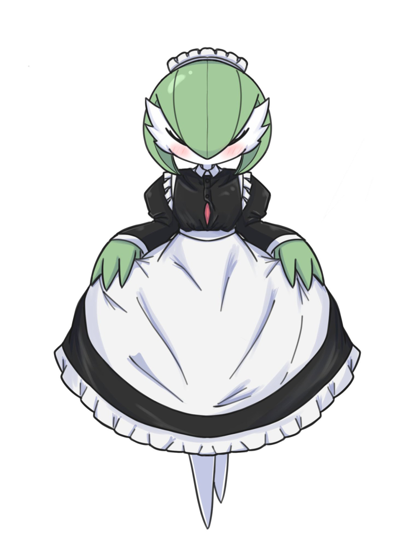 1girl apron black_dress blush bob_cut buttons closed_eyes clothed_pokemon colored_skin curtsey dress female_focus frilled_apron frilled_dress frills full_body gardevoir gen_3_pokemon green_hair green_skin hair_between_eyes hands_up highres long_dress long_sleeves maid maid_apron maid_headdress multicolored_skin nintendo no_feet onion_kishi pokemon pokemon_(creature) short_hair simple_background solo standing straight-on two-tone_skin u_u white_apron white_background white_skin