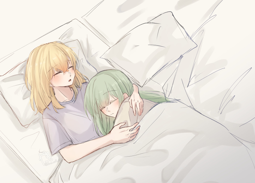 2girls absurdres bang_dream! bang_dream!_it&#039;s_mygo!!!!! blonde_hair closed_eyes closed_mouth commentary cuddling green_hair hand_on_another&#039;s_shoulder highres kaeru_(kaeee41917105) long_hair medium_hair misumi_uika multiple_girls parted_lips pillow shirt short_sleeves sleeping under_covers wakaba_mutsumi white_shirt yuri