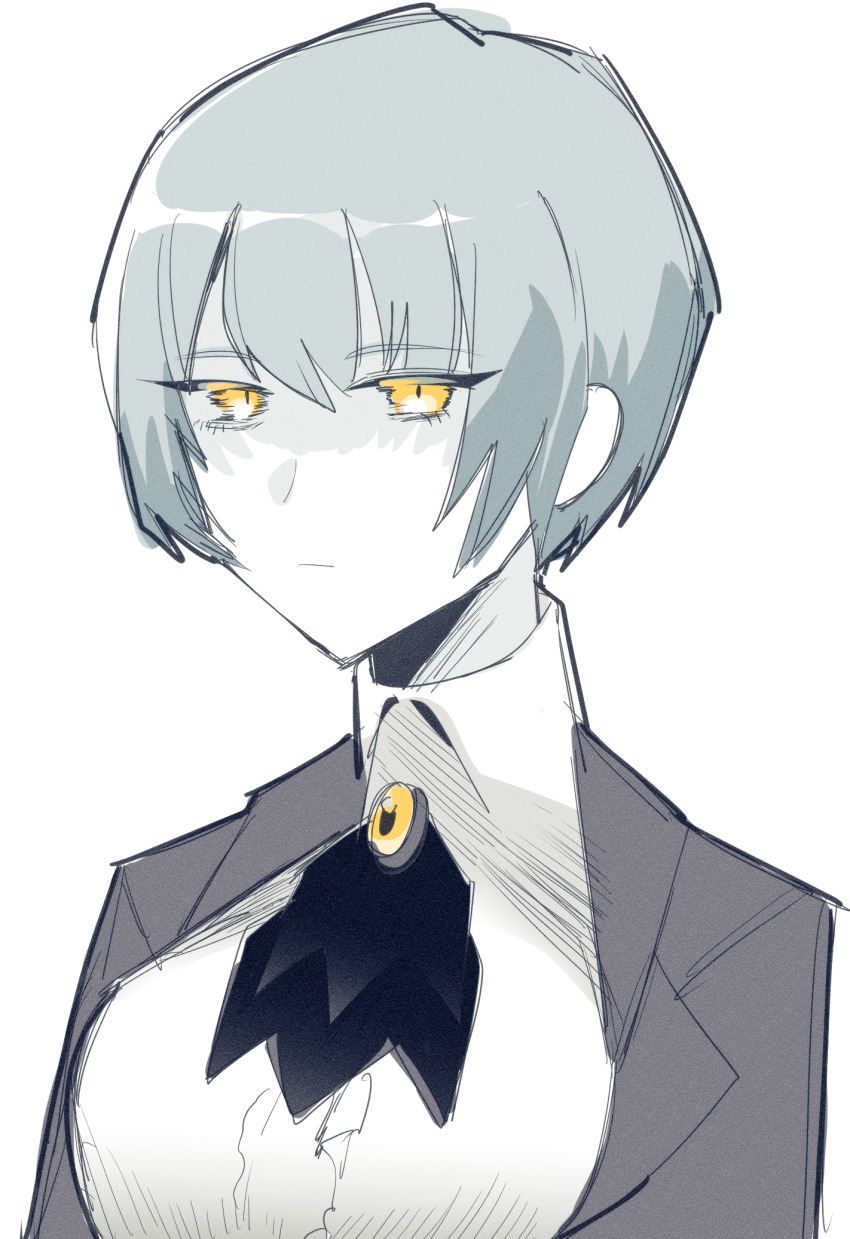 1girl angela_(project_moon) ascot black_ascot blue_coat blue_hair breasts brooch closed_mouth coat collared_shirt gem highres jewelry library_of_ruina looking_at_viewer madotsuki_ren medium_breasts project_moon shirt short_hair simple_background solo white_background white_shirt wing_collar yellow_eyes yellow_gemstone