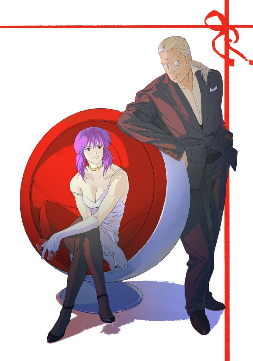 1girl aizheajsee artificial_eye batou_(gits) black_pantyhose cyborg dress ghost_in_the_shell ghost_in_the_shell:_stand_alone_complex highres kusanagi_motoko long_hair mechanical_eye pantyhose ponytail purple_hair red_eyes shadow sitting solo strapless strapless_dress white_background white_dress