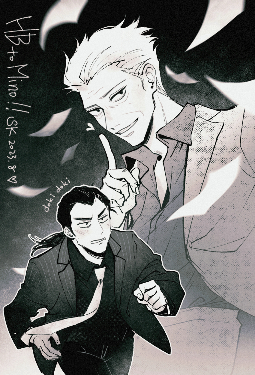 2boys blazer collared_shirt commentary_request falling_money formal_clothes gin_to_kin greyscale hair_slicked_back highres hirai_ginji index_finger_raised jacket long_hair looking_at_viewer low_ponytail male_focus monochrome morita_tetsuo multiple_boys necktie open_mouth pants ponytail running sakey1997 shirt short_hair smile striped_clothes striped_jacket suit upper_body vertical-striped_clothes vertical-striped_jacket widow&#039;s_peak wrinkled_skin