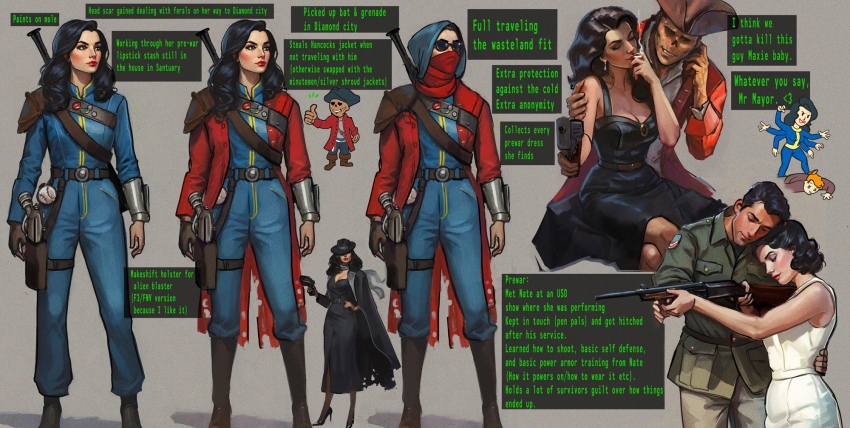 1girl 2boys aiming american_flag armor bandana baseball_bat belt black_dress black_hair blue_bodysuit blue_hood bodysuit boots bowler_hat breasts brown_boots cleavage closed_eyes coat corpse dress english_text extra_arms fallout fallout_4 ghoul_(fallout) goggles gun hand_on_another&#039;s_waist handgun hat high_heels highres hood john_hancock_(fallout) long_hair medium_hair military_uniform multiple_boys no_nose pauldrons pip_boy red_bandana red_coat red_lips rifle sara_cooley scarf short_hair shoulder_armor simple_background single_pauldron sole_survivor_(female) sole_survivor_(male) thumbs_up tricorne vault_suit weapon white_scarf