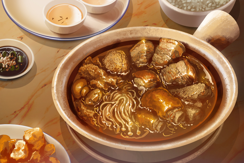 bowl food food_focus highres lefty_lai meat no_humans noodles original plate rice sauce shadow soup still_life