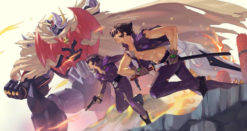 2boys belt black_hair cloak drawing_sword dual_wielding fire gloves gun handgun holding holding_gun holding_sword holding_weapon kaidou_ken katana magami_ryou mazinger_(series) mazinkaiser_skl mazinkaiser_skl_(mecha) mecha multiple_boys robot running sword torn_clothes torn_sleeves vldhomecenter weapon