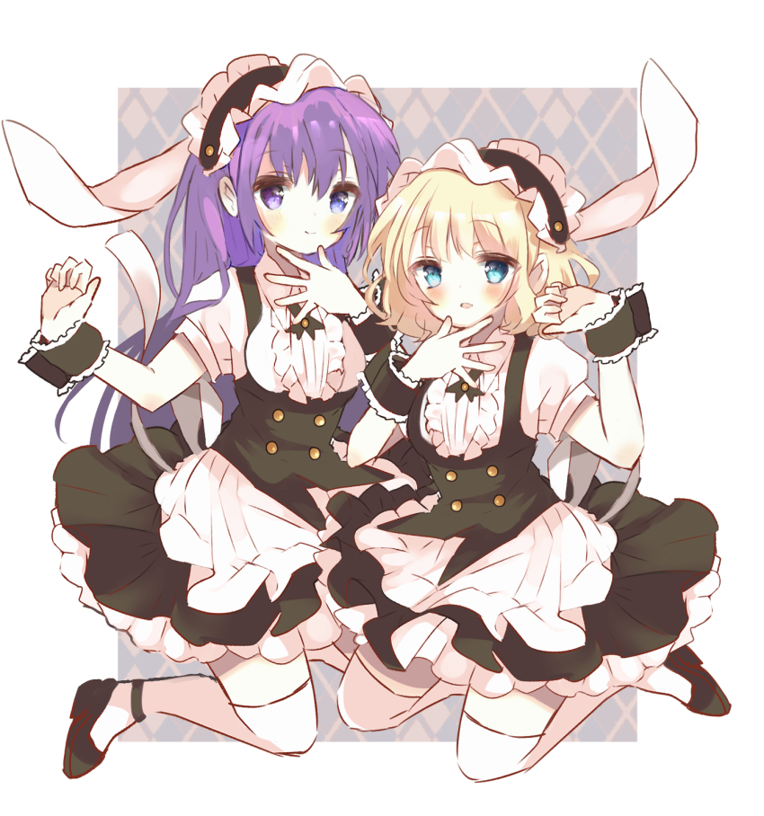 animal_ears apron black_skirt blonde_hair blue_eyes blush closed_mouth floppy_ears frilled_apron frilled_cuffs frilled_hairband frills gochuumon_wa_usagi_desu_ka? hairband highres kirima_syaro long_hair maid_headdress matching_outfits pastelpomi puffy_sleeves purple_eyes purple_hair rabbit_ears shirt shoes skirt smile tedeza_rize thighhighs underbust waist_apron white_apron white_shirt