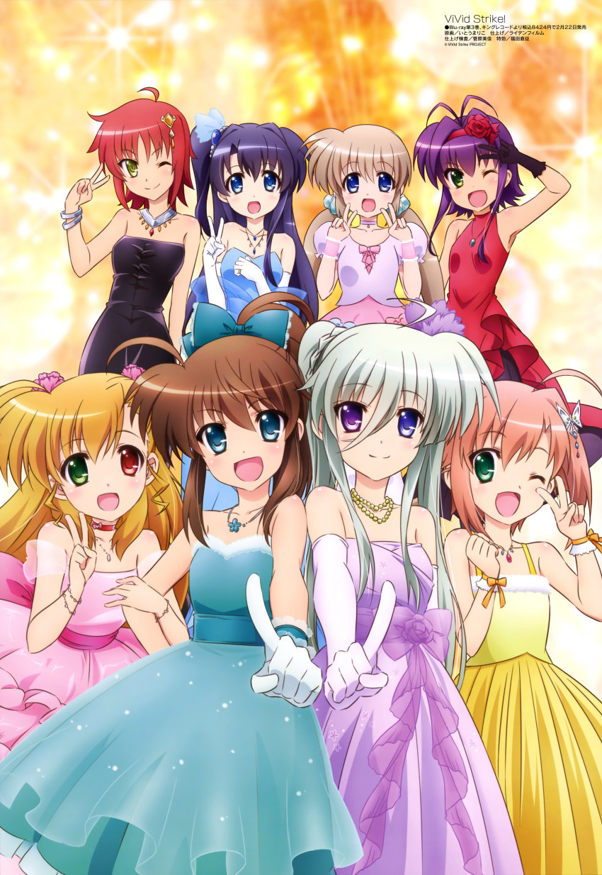6+girls :d ;) ;d absurdres ahoge bare_shoulders black_dress black_gloves black_hair blonde_hair blue_dress blue_eyes bracelet brown_hair butterfly_hair_ornament choker collarbone corona_timir double_v dress einhard_stratos elbow_gloves flower fuka_reventon gloves green_eyes green_hair hair_flower hair_ornament hair_scrunchie heterochromia highres itou_mariko jewelry long_hair lyrical_nanoha megami_magazine miura_rinaldi multiple_girls necklace nove_(nanoha) numbers_(nanoha) official_art one_eye_closed open_mouth pink_dress ponytail puffy_sleeves purple_dress purple_eyes purple_gloves purple_hair red_dress red_eyes red_hair rio_wezley scan scrunchie short_hair short_sleeves side_ponytail sidelocks smile strapless strapless_dress twintails two_side_up v vivid_strike! vivio white_gloves wrist_cuffs yellow_dress yellow_eyes yumina_enclave
