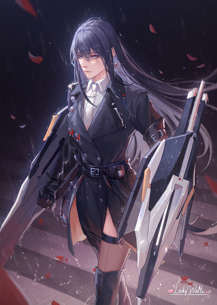 1girl artist_name belt black_belt black_coat black_footwear black_gloves black_hair black_thighhighs blue_eyes clenched_hand closed_mouth coat collared_shirt cowboy_shot dress_shirt ear_piercing earrings elbow_gloves gloves gradient_hair hair_between_eyes highres jewelry ladywaltz long_hair looking_ahead multicolored_hair necktie path_to_nowhere petals piercing rahu_(path_to_nowhere) rain road serious shield shirt solo strap street thighhighs trench_coat two-tone_hair very_long_hair walking wet white_necktie white_shirt