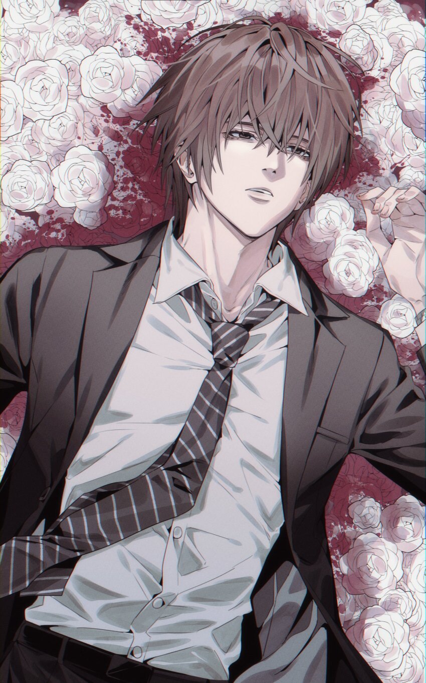 1boy absurdres belt black_belt black_jacket black_necktie black_pants black_suit blood blood_on_flower brown_eyes brown_hair collared_shirt death_note diagonal-striped_clothes diagonal-striped_necktie flower flower_bed formal_clothes hair_between_eyes half-closed_eyes highres implied_death jacket lapels ll10310228 long_sleeves lying male_focus necktie notched_lapels on_back open_clothes open_collar open_jacket open_mouth pants rose shirt short_hair sidelocks solo spoilers striped_clothes suit suit_jacket teeth upper_body upper_teeth_only white_flower white_rose white_shirt wing_collar yagami_light