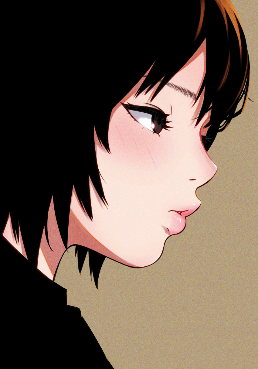 1girl absurdres amagami black_eyes black_hair black_shirt blush brown_background casual close-up commentary eyelashes film_grain highres light_blush lips nanasaki_ai nose oshizu parted_lips pink_lips profile shirt short_hair solo